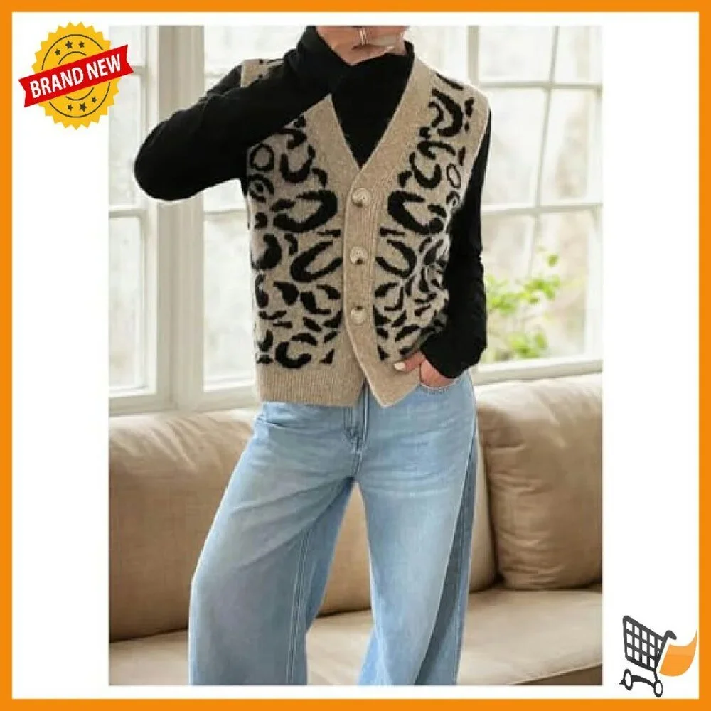 Women's Leopard Sweater Vest Button Front Sleeveless Knit Top Fall